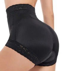 Black shapewear shorts on a mannequin against a white background