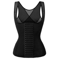 Black waist trainer with mesh design and decorative elements on a white background