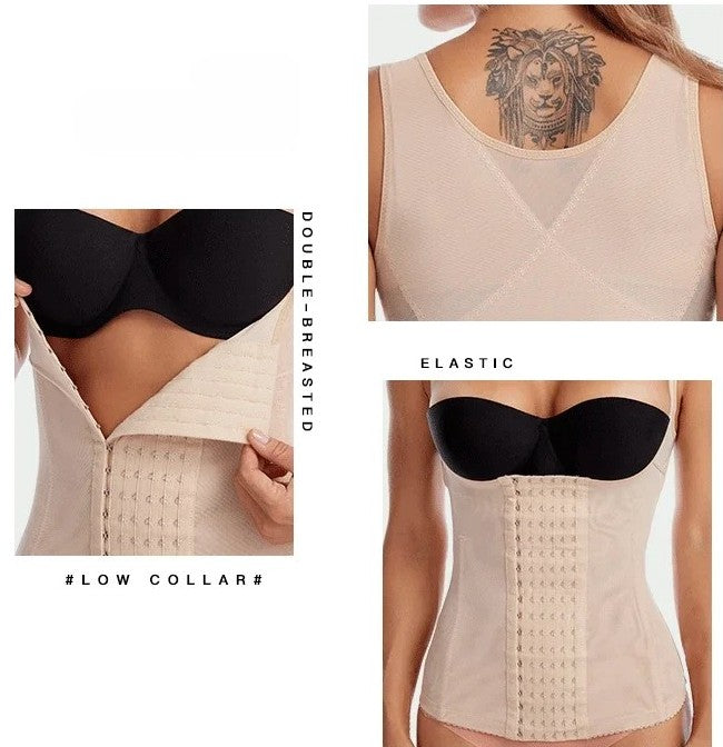 Beige waist trainer with black bralette on a white background