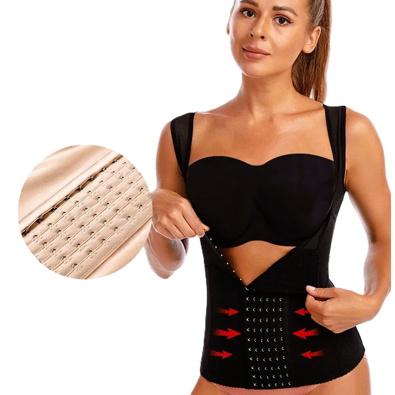Woman wearing a black waist trainer with detailed buckle design on a white background