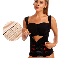 Woman wearing a black waist trainer with detailed buckle design on a white background